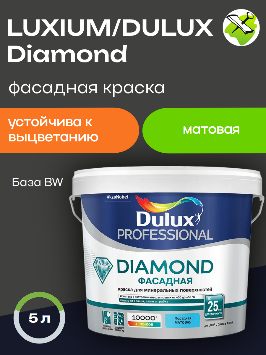 ЛЮКСИУМ (ДЮЛАКС) даймонд фасадная краска база BW (5л) белая — в интернет-магазине «Ремонт 3000»