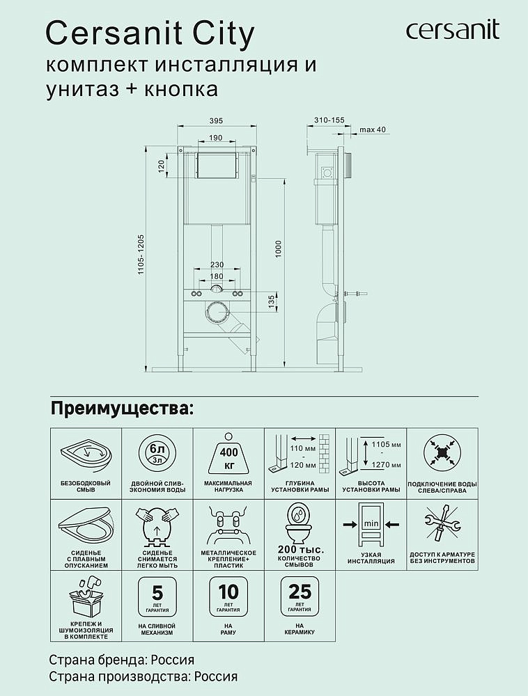 ЦЕРСАНИТ City комплект унитаза с инсталляцией с кнопкой - 2 — в интернет-магазине «Ремонт 3000»