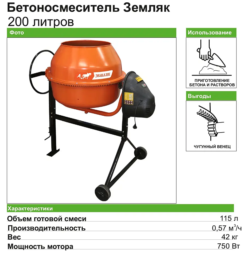 ЗЕМЛЯК бетономешалка  0.75кВт 200л - 2 — в интернет-магазине «Ремонт 3000»