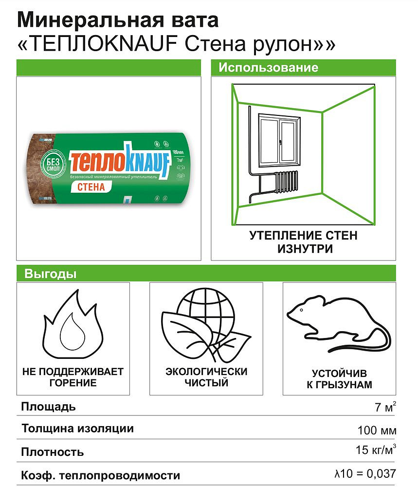 КНАУФ Теплокнауф Стена утеплитель 5740х1220х100мм (7м2) (0,7м3) (1шт) - 2 — в интернет-магазине «Ремонт 3000»