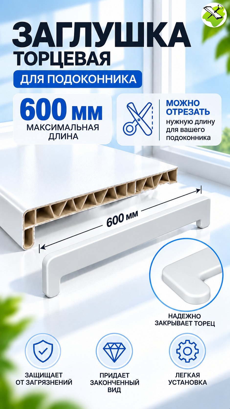 Заглушка торцевая для подоконника 600мм белая - 1 — в интернет-магазине «Ремонт 3000»