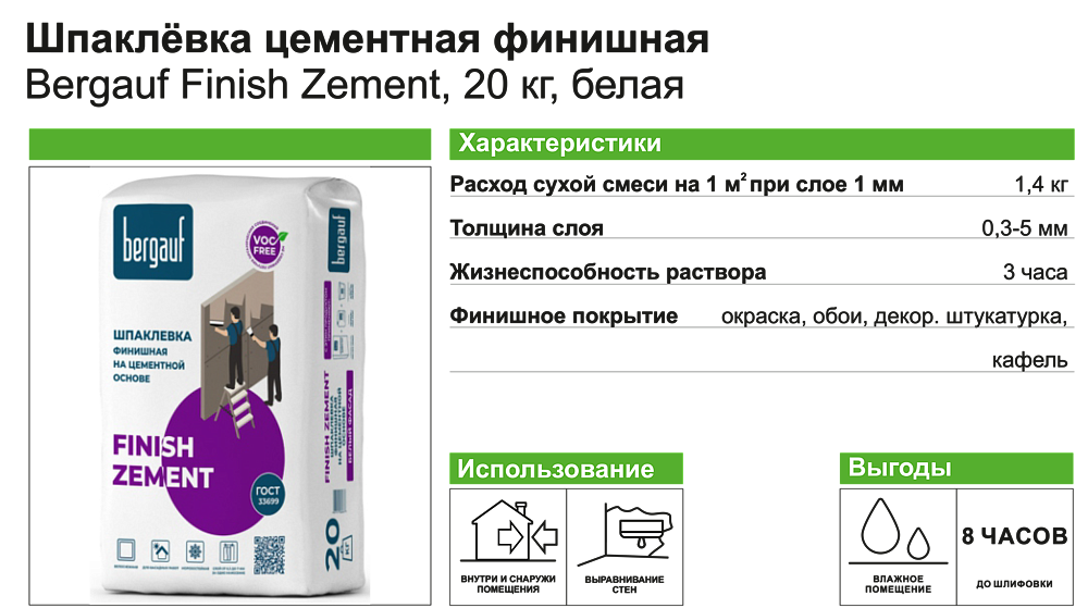 БЕРГАУФ Финиш Цемент шпатлевка финишная цементная (20кг) белая - 1 — в интернет-магазине «Ремонт 3000»