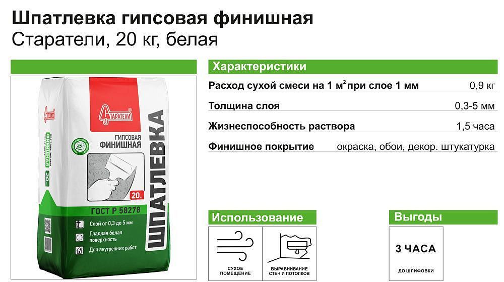 СТАРАТЕЛИ Финишная шпаклевка гипсовая (20кг) - 1 — в интернет-магазине «Ремонт 3000»