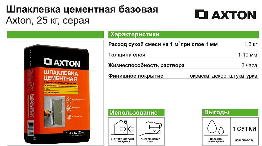 АКСТОН шпатлевка цементная базовая (25кг) - 2 — в интернет-магазине «Ремонт 3000»