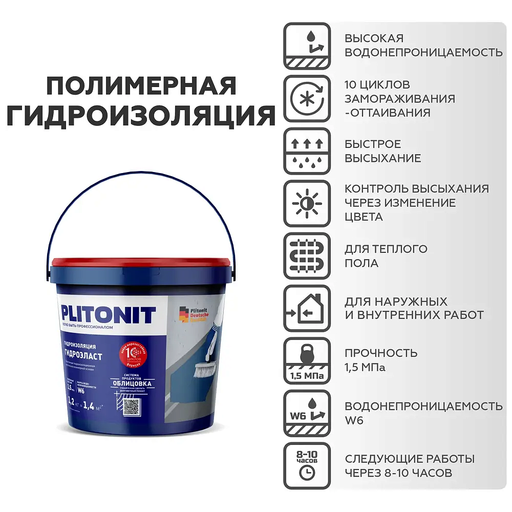 ПЛИТОНИТ Гидроэласт Мастика полимерная (1.2 кг) - 4 — в интернет-магазине «Ремонт 3000»