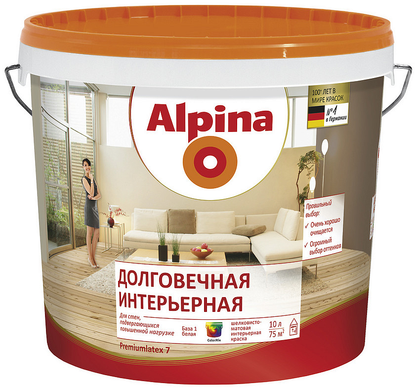 АЛЬПИНА Долговечная интерьерная база 1 белая краска (10л) — в интернет-магазине «Ремонт 3000»