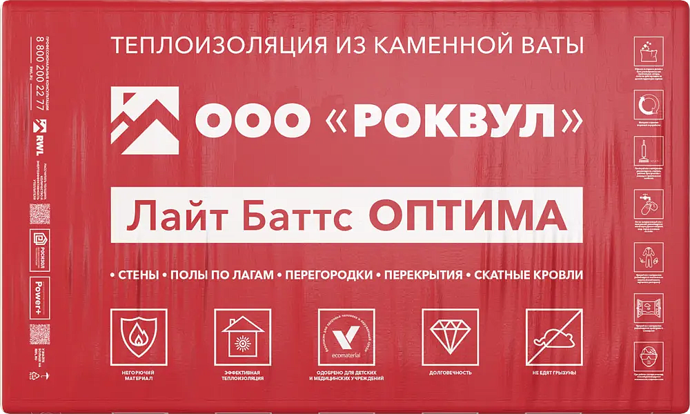 РОКВУЛ Лайт Баттс Оптима утеплитель 1000х600х50мм (6м2) (0,3м3) (10шт) — в интернет-магазине «Ремонт 3000»