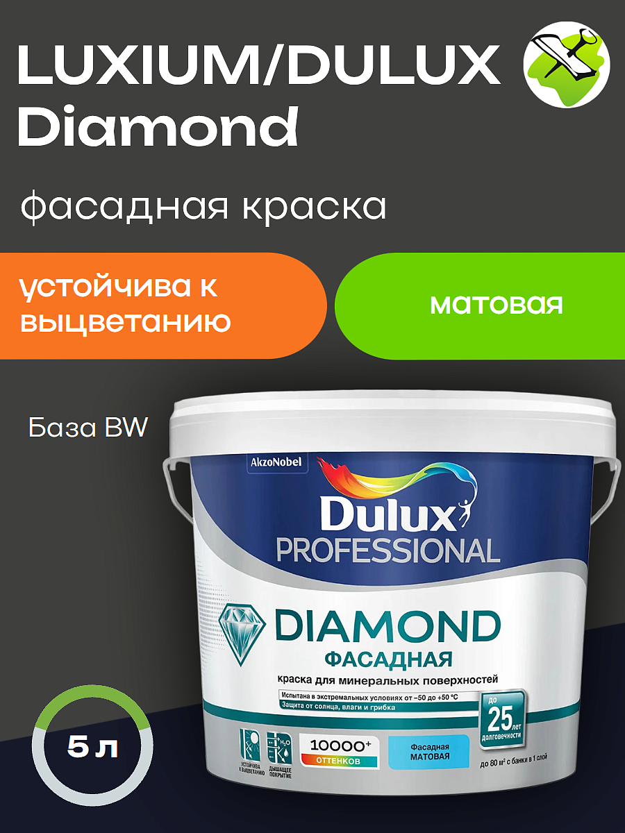 ЛЮКСИУМ (ДЮЛАКС) даймонд фасадная краска база BW (5л) белая — в интернет-магазине «Ремонт 3000»